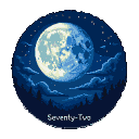 A full moon partially obscured by wispy clouds in a dark, star-dusted sky, with a silhouetted forest line below and the inscription "Seventy-Two" in lighter text.