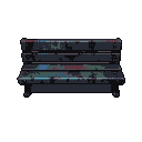 A worn metal street bench with subtle cyan and deep red neon reflections, set against a black background.