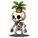 A skeleton with a potted plant on its skull.