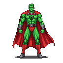 Muscular superhero in a green suit, red cape, red belt, red boots, and metallic gauntlets. A mask covers his face, and a radioactive symbol is on his chest.