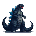 Godzilla with electric blue dorsal fins, mouth open, teeth bared.