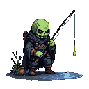Skeletal ghoul with glowing red eyes, green skin, and tattered robes holds a fishing rod with a lure over a small body of water.