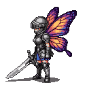 Pixie warrior in full plate armor with shimmering orange and purple butterfly wings, holding a large pixelated sword.