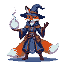 Anthropomorphic fox wizard with raised left paw holding a glowing white energy orb, right paw extended palm open, against a dark background.