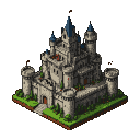 Majestic multi-turreted castle with blue-tiled roofs and red-tipped flags on a grassy mound.