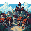 A medieval town with stone and wood houses, cobblestone paths, under a bright blue sky with white clouds.