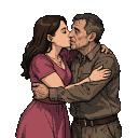 A woman in a rose dress gently kisses an older man, his hands on her back.