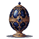 Ornate onyx Fabergé egg with golden filigree and blue gems on a golden pedestal.