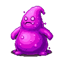 A plump, pear-shaped slime monster with stubby limbs, its body a blend of purple and pink. It has a bulbous head with wide white eyes, a downturned mouth, and a single prominent tooth. Subtle bumps and spiky protrusions texture its gelatinous surface.