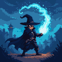 Cloaked and masked figure conjuring a blue energy vortex against a twilight landscape.