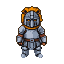Knight in silver plate armor with orange lion's mane helmet, standing stoically.