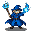 Young mage in a blue robe and pointed hat conjures a swirling vortex of icy blue flames with a levitating azure crystal on their staff.