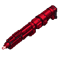 A formidable red laser rifle with a sleek, segmented design and a glowing energy emanating from its barrel, presented at a dynamic, angled perspective.
