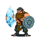 Stout barbarian with brown beard, wearing armor, holding a jagged ice shard and a circular shield with a smiley face.