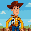 Woody the cowboy in his yellow plaid shirt, cowhide vest, blue jeans, brown cowboy hat, sheriff's badge, and holster stands against a clear blue sky with white clouds.