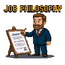 A bearded man in a blue suit and red tie holds a pen, ready to write on an easel displaying "GOALS." "JOB PHILOSOPHY" appears in yellow pixelated text above him.