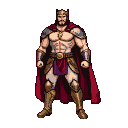 Muscular warrior king in ornate golden armor and red cape, wearing a golden crown, standing against a black background.