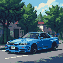Vibrant blue Nissan GT-R R34 Skyline parked on a tree-lined suburban street.