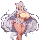 Pixel Art: very long flowing white-silver hair, silky and voluminous, h...
