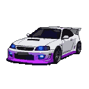 White Nissan Skyline R35 GT-R with a prominent rear spoiler and sculpted body, featuring glowing dark blue headlights and vivid purple underglow.