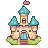 A peach castle with teal turrets, a pink flag, a light blue door, and sleepy eyes, set against stylized grassy mounds.