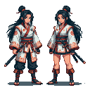 Two pixel art characters, one in pants and one in a skirt, stand side-by-side. Both have dark hair in buns with red accents, wear white robes with red and orange floral patterns, and red sashes. Swords are sheathed at their sides.