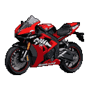 Red and black Kawasaki Ninja H2 motorcycle, side profile, stark black background.