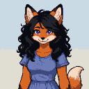 Anthropomorphic fox with violet eyes and wavy black hair, wearing a blue dress.