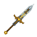 Ornate silver sword with a glowing yellow channel, intricate golden filigree on the hilt, against a black background.