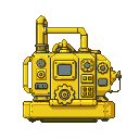 Golden-yellow industrial machine with gauges, buttons, and a prominent gear.