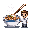 Steaming bowl of beef rice noodles with chopsticks, next to a cheerful pixelated oral doctor in a white lab coat.