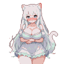 A shy neko girl with long white hair, white cat ears, and a white tail, wearing a pastel dress, blushes with her eyes looking down.