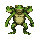 A triple-headed green frog monster with large, expressive eyes in a crouched stance.
