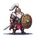 Stout, grizzled soldier with white beard and plumed helmet, holding a round bronze shield and short sword. He wears functional armor with a red sash.