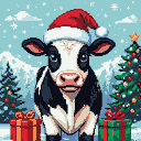 A cow wearing a Santa hat stands in a snowy landscape with Christmas trees and presents.