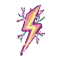 A stylized lightning bolt in bright yellow and hot pink with a purple outline, emitting fragmented teal and pink energy lines against a black background.