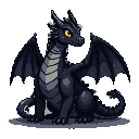 A black dragon with piercing yellow eyes sits regally, its wings partially folded and tail curled.