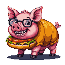 Jovial pink pig wearing glasses and a hot dog necklace, with a mustard-yellow garment and curly tail raised.