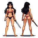 Woman in red bikini top and black bikini bottoms, holding a wooden sword, shown from front and back.