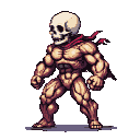 A muscular skeleton wearing a deep red scarf.