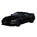 A black Mustang in a low-angle, side-profile view, with pixelated headlights emitting a cool glow against a black background.