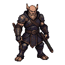 Battle-hardened warrior with segmented dark armor, bronze accents, a grizzled beard, and small horns, holding a sword.