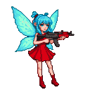 Young pixie with cyan hair in twin buns, blue eyes, and cyan wings, wearing a red dress and boots, holding an Uzi submachine gun.
