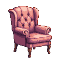 A rose-colored wingback chair with a tufted back and rolled arms.