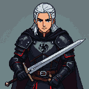 Stoic warrior in black armor with red accents and a black three-headed dragon sigil on chest. He has long silver hair, violet eyes, and grips a sword hilt across his body.