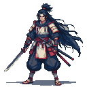 Stoic warrior in dark blue samurai armor with crimson sashes and white undergarments, holding a sword ready.