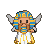 Stylized pixie wearing a golden nemes headdress with blue and gold stripes, delicate wing-like appendages, and a flowing white robe with golden trim.