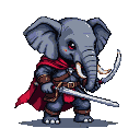 Armored elephant with a crimson cape, holding a curved sword and bow, with gleaming tusks and red eyes.