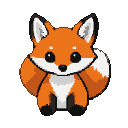 A plump baby fox with large, dark eyes, a vibrant orange pixelated body, and white accents on its chest, muzzle, ears, and tail. It sits with its front paws tucked in.