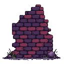 Crumbling brick wall in dark purple and deep red, with chipped bricks, scattered green grass, and a single grey stone at its base.